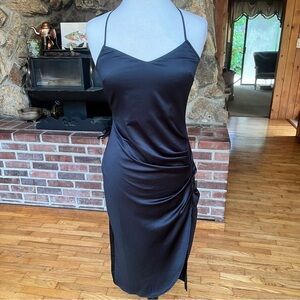 Open Edit Elegant Black Satin Slip Dress